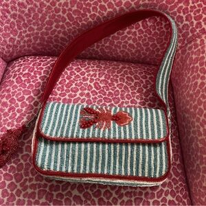 Striped Lobster Embroidered and beaded  Shoulder Bag with lobster charm